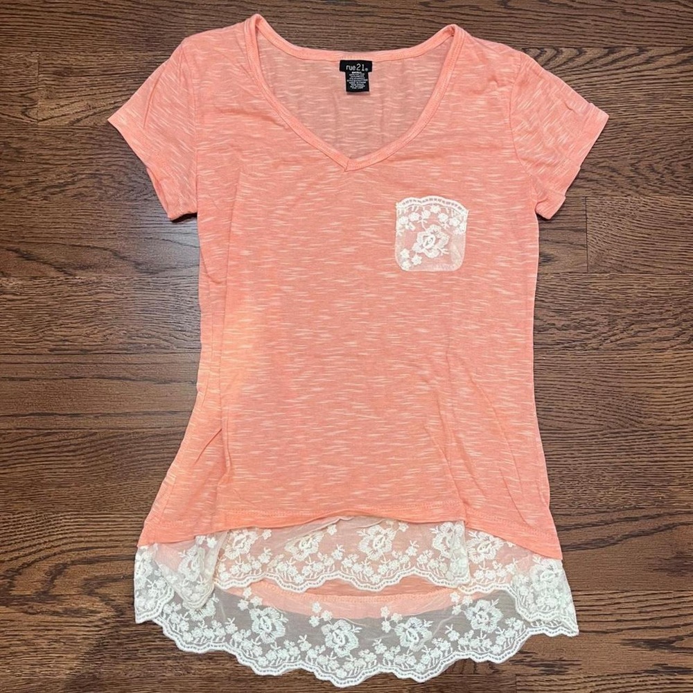 🍟y2k coral and white lace floral‎ layered top small